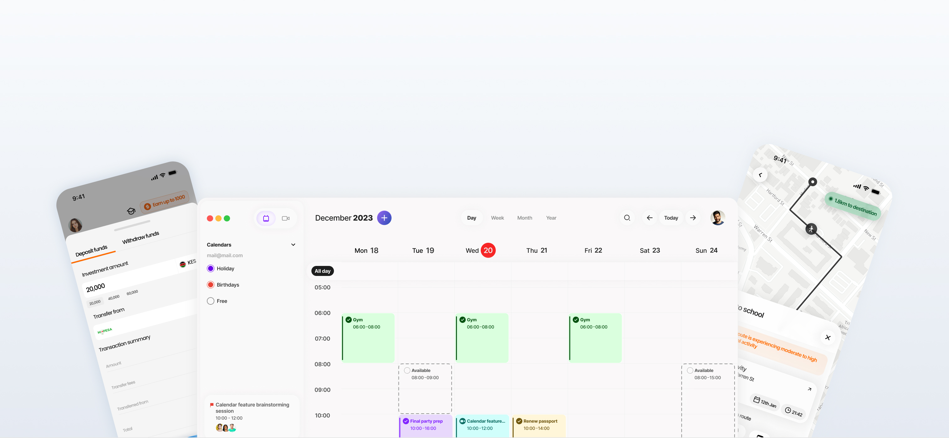 Three application screens, one mobile screen on the left showing a bottom sheet prompt for money withdrawal, a calendar view on desktop with various events in the middle and a mobile screen on the right with a map view