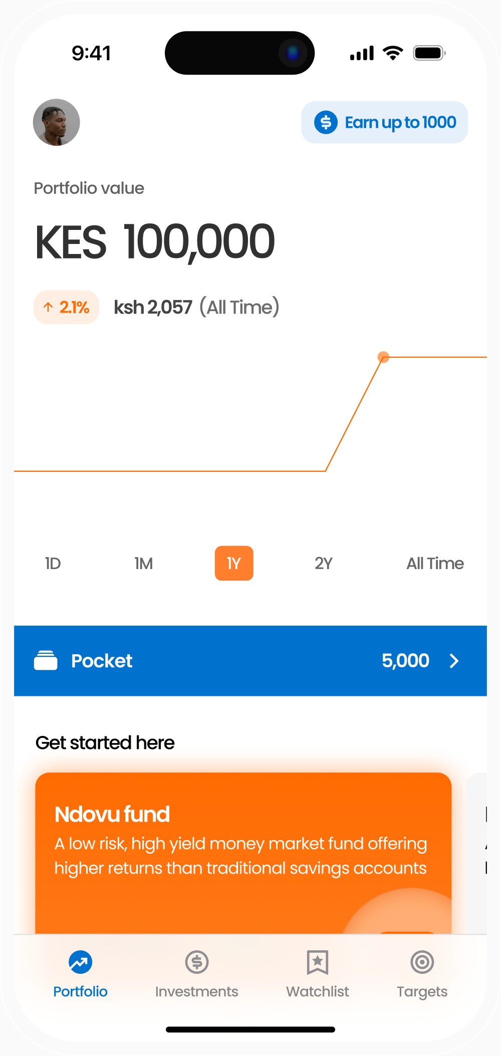 Screen with investment perfromance chart, and below that, a pocket showing a users usable amount. Below that, offers for various products and services