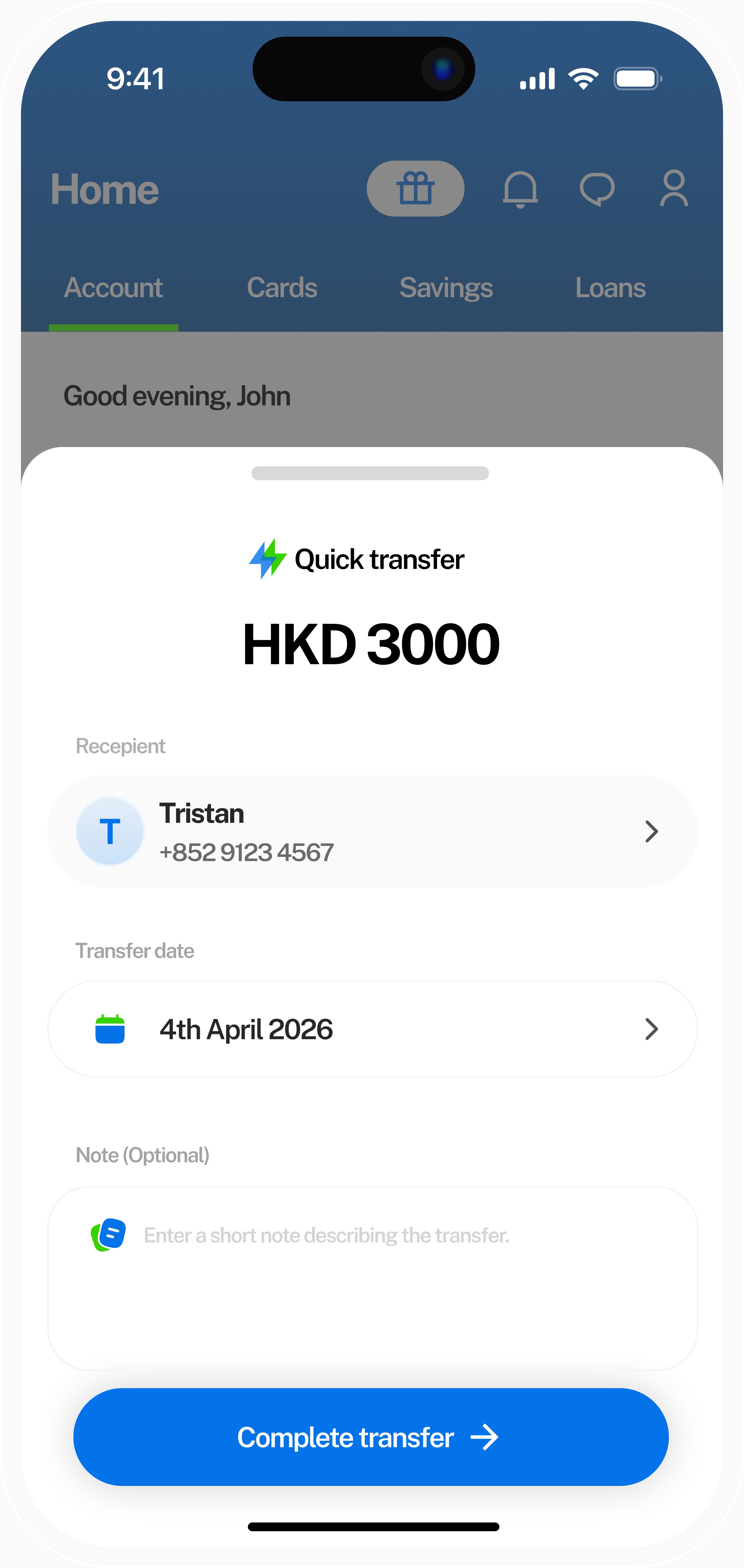Bottom sheet with a quick transfer screen showing a number picker, a notes field and a date picker