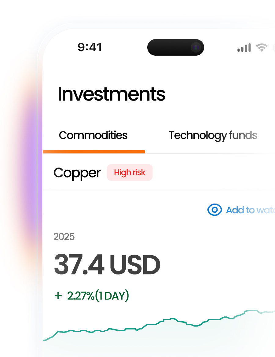 investment screen showing a row of options including commodities and MMf's, a dropdown showing the name copper and a label titled high risk, an investment chart below with a positive uptick 