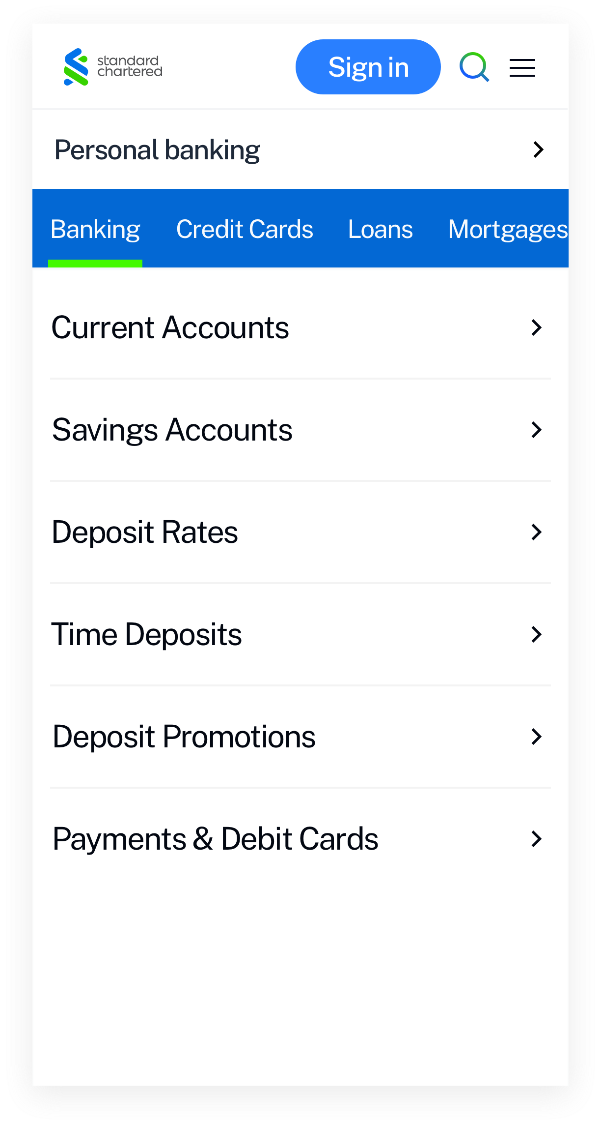 mobile variant of navigation bar, in its open state